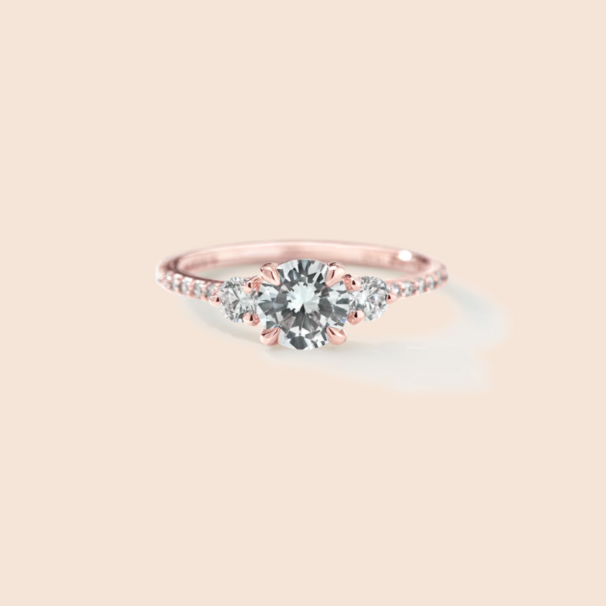 18K Rose Gold 3 Stone Diamond Pave Engagement Ring