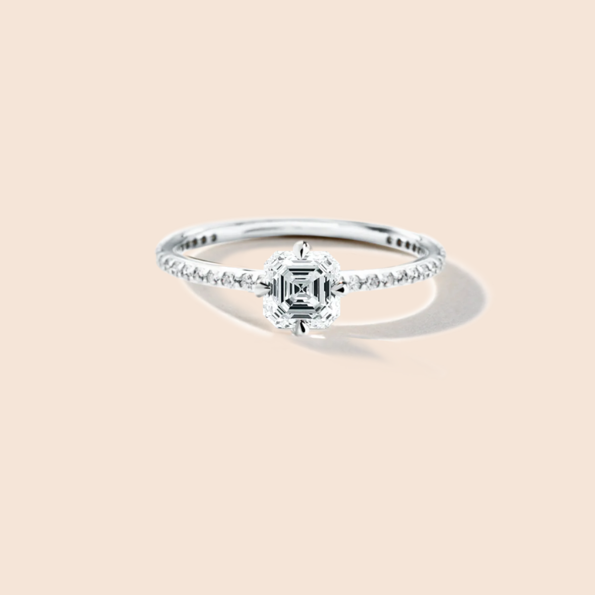 18K White Gold Platinum Asscher Pave Solitaire Engagement Ring