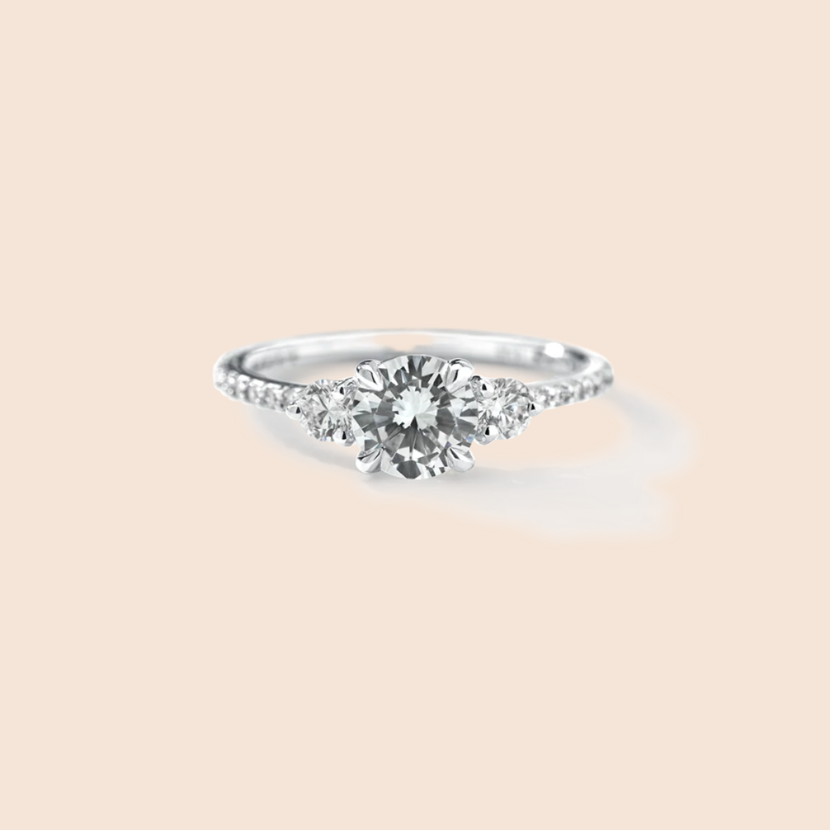 18K White Gold Platinum 3 Stone Diamond Pave Engagement Ring