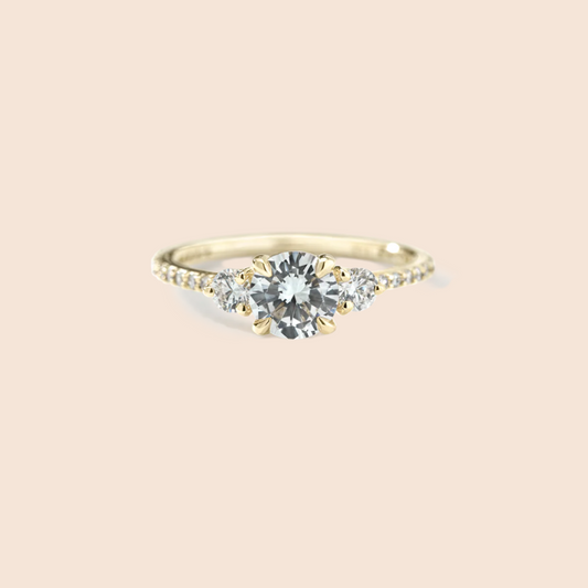 3 Stone Diamond Pave Engagement Ring 18K Yellow Gold