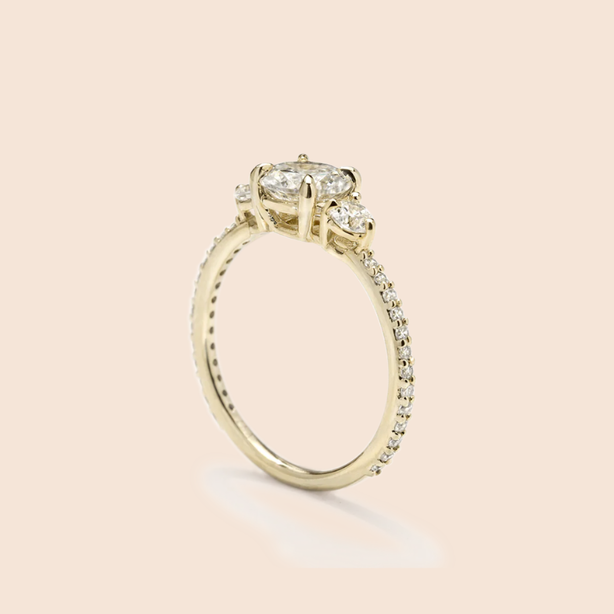 3 Stone Diamond Pave Engagement Ring 18K Yellow Gold